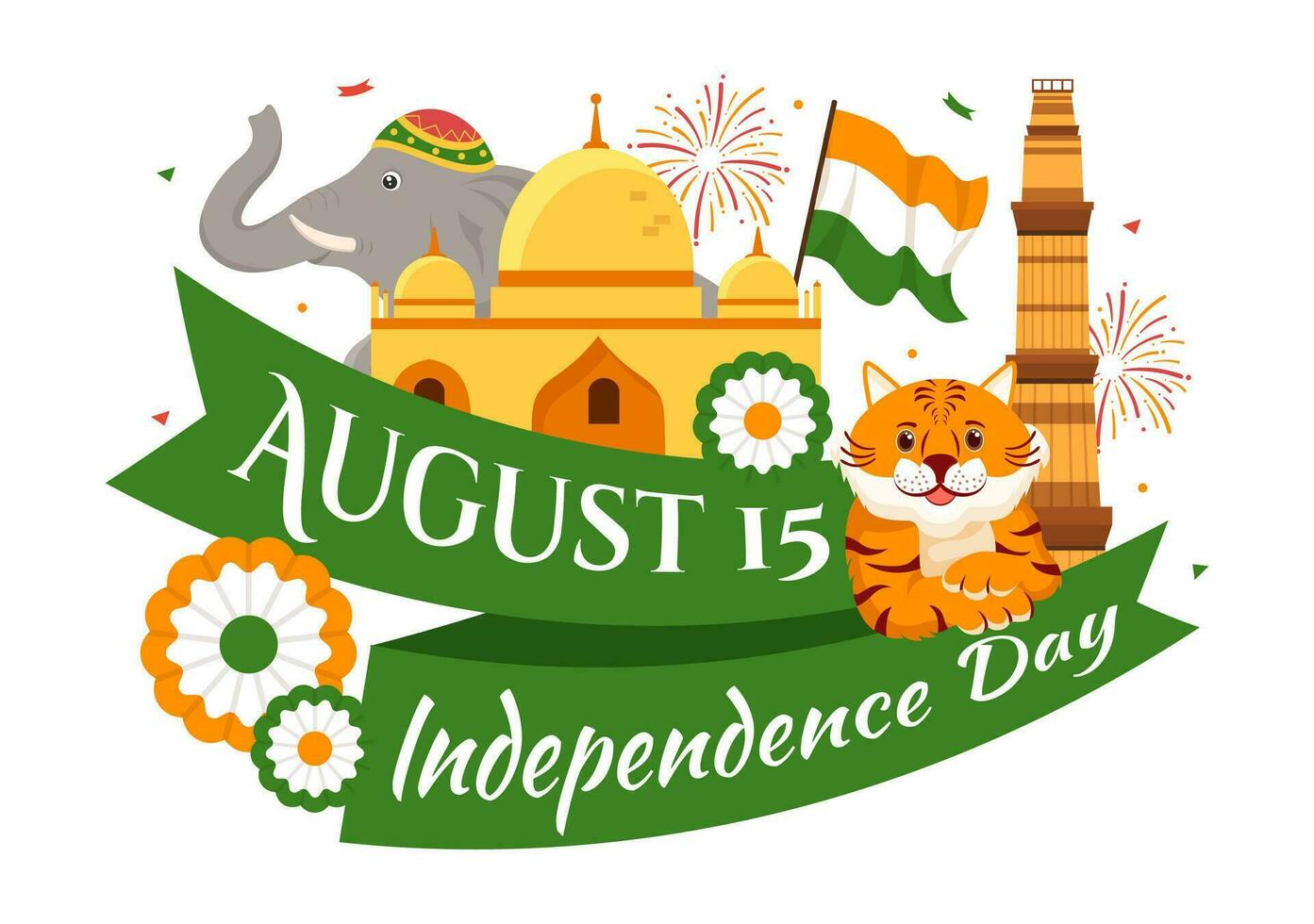 contento independencia día India vector ilustración en 15 agosto con indio bandera en plano dibujos animados mano dibujado celebracion antecedentes plantillas