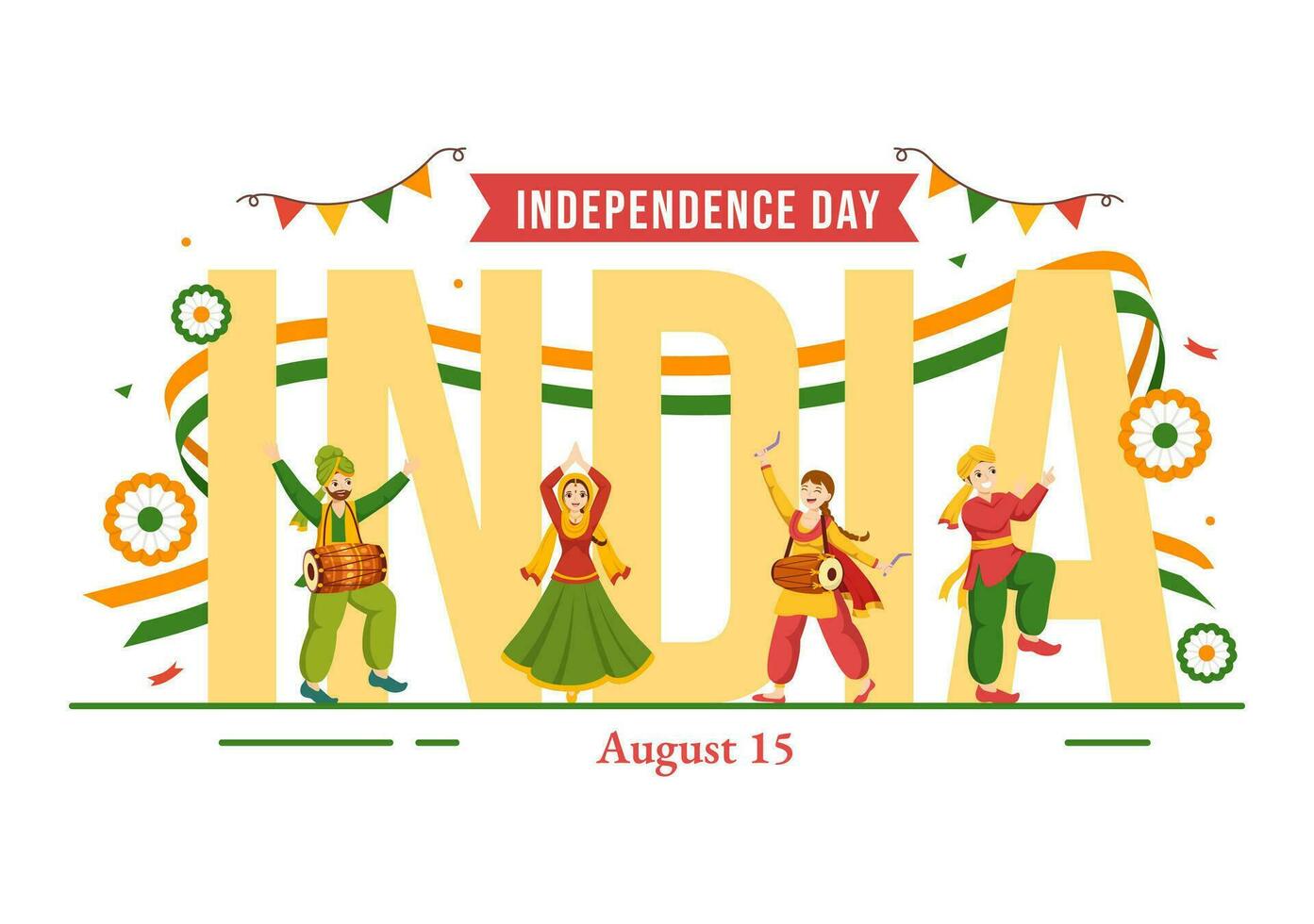 Happy Independence Day India Vector Illustration on 15 August with Indian Flag in Flat Cartoon Hand Drawn Celebration Background Templates