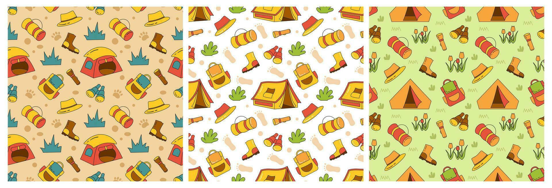 Set of Summer Camp Seamless Pattern Design of Camping and Traveling Element in Template Hand Drawn Cartoon Flat Illustration vector