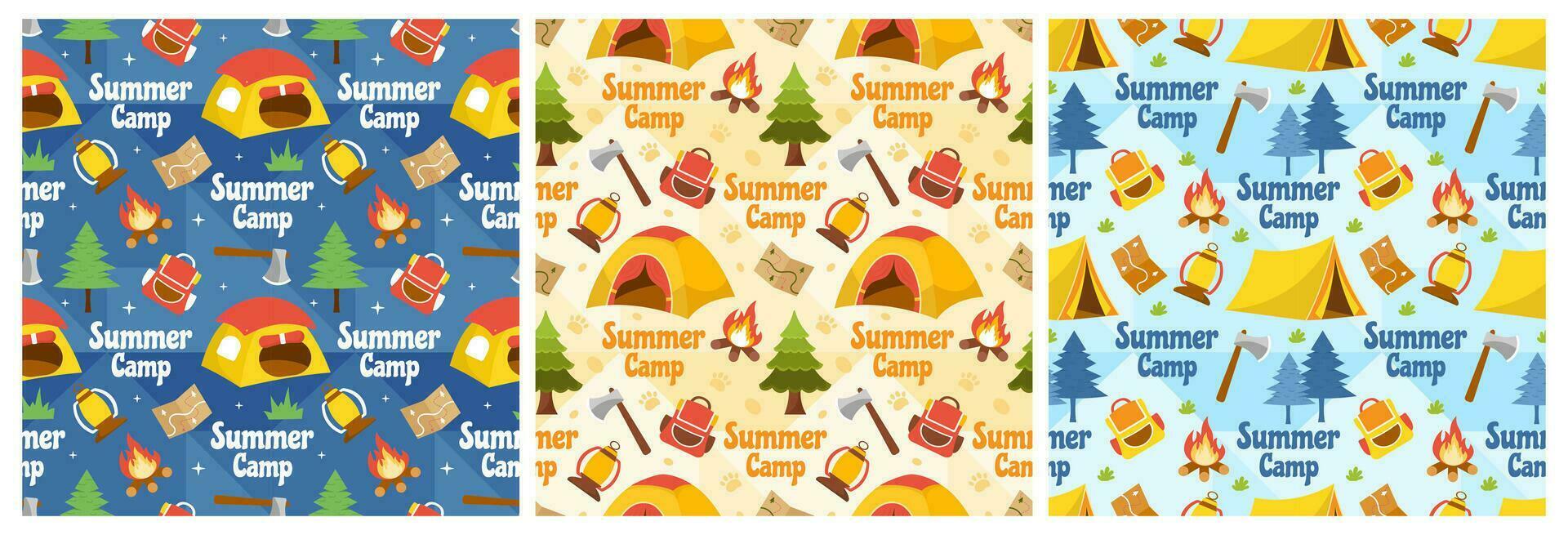 Set of Summer Camp Seamless Pattern Design of Camping and Traveling Element in Template Hand Drawn Cartoon Flat Illustration vector