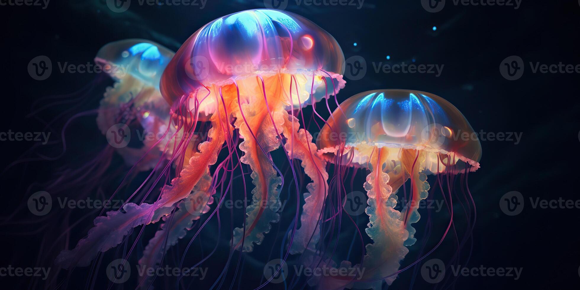 . . Vibrant jellyfish on black background. Graphic Art photo