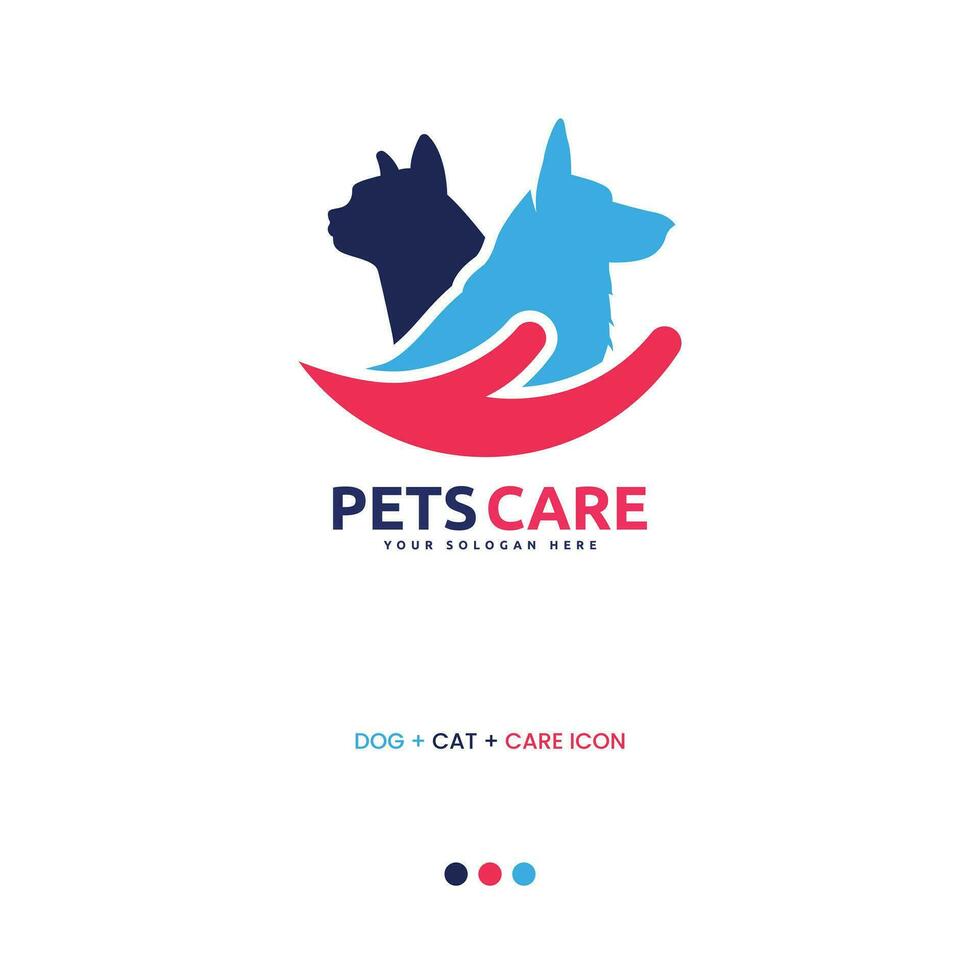 mascota cuidado logo con perro, gato y mano símbolos vector