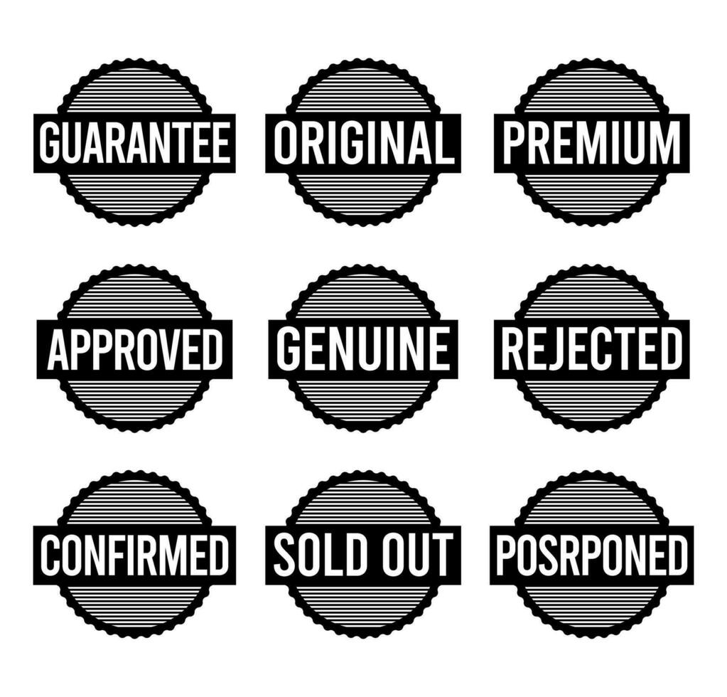 Stamp design set - premium quality, guaranteed, approved, sold out, postponed, confirmed, genuine, original. vector