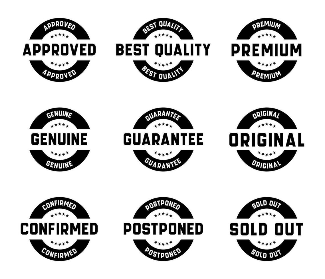 Stamp design set - premium quality, guaranteed, approved, sold out, postponed, confirmed, genuine, original. vector