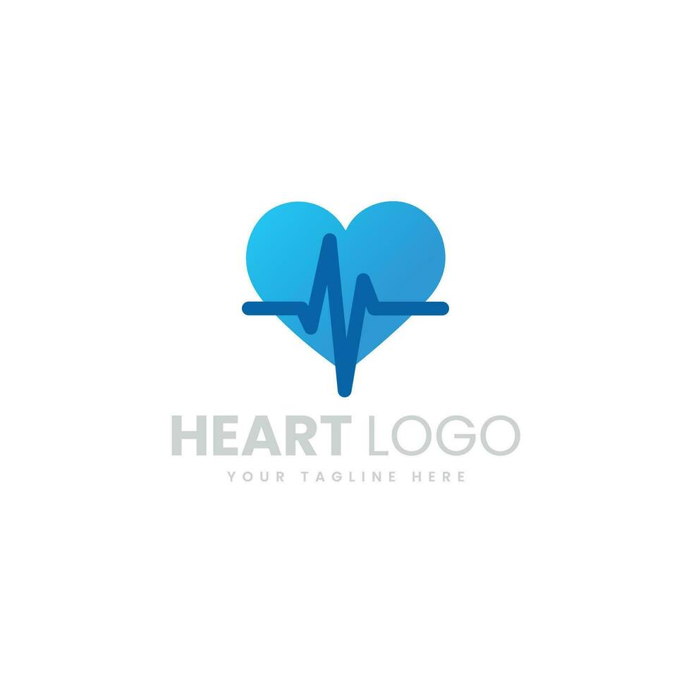 Blue Logo Design of heart with white pulse line on white background. Silhouette of heart. Flat design. Symbol of healthy lifestyle and love. vector