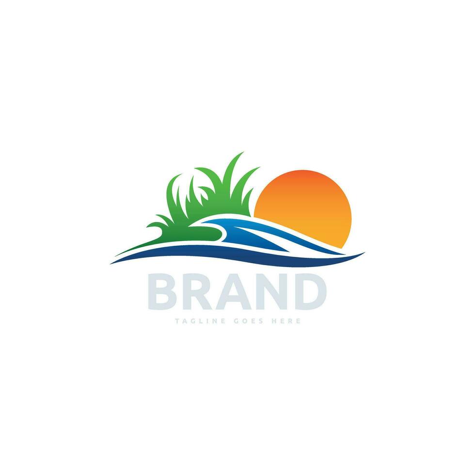 Green Grass Farm Field with Natural Sea and Sun for Nature Landscape logo design vector