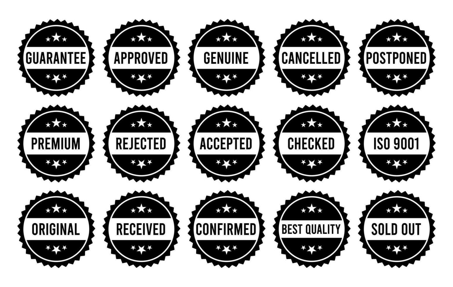 Stamp design set - premium quality, guaranteed, approved, sold out, postponed, confirmed, genuine, original. vector