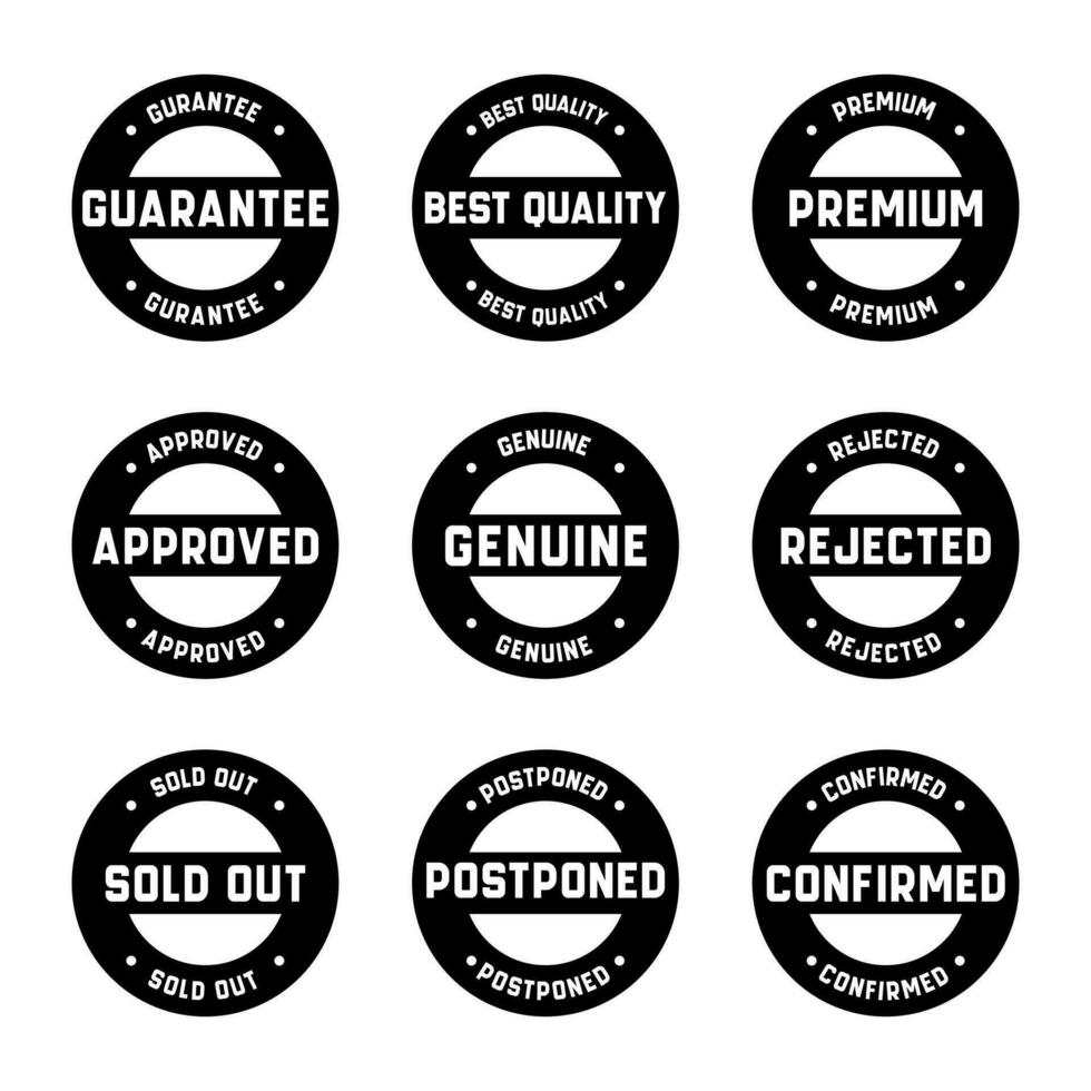 Stamp design set - premium quality, guaranteed, approved, sold out, postponed, confirmed, genuine, original. vector