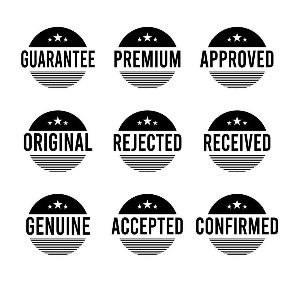 Stamp design set - premium quality, guaranteed, approved, sold out, postponed, confirmed, genuine, original. vector