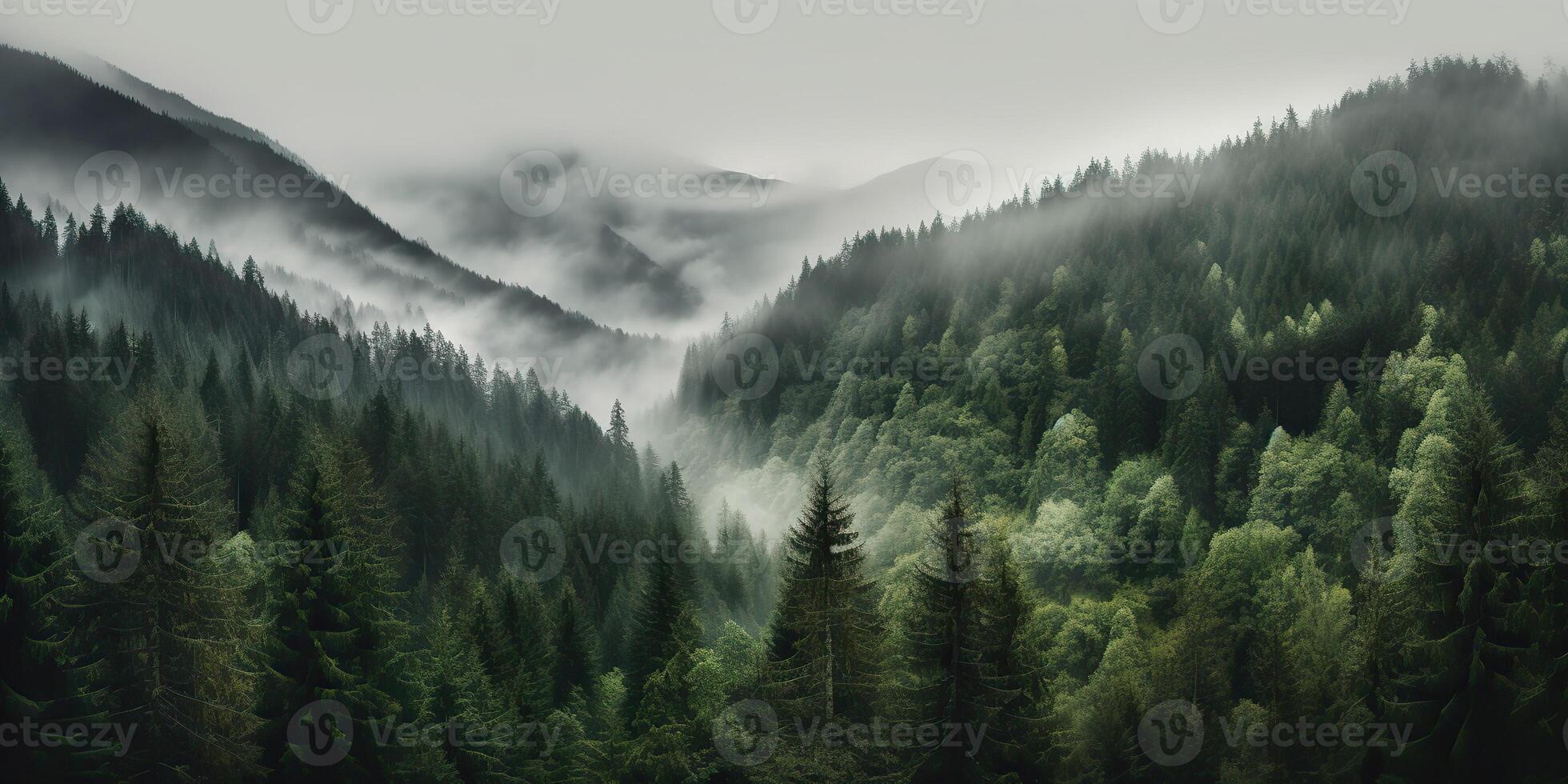 . . Photo realistic illustration of mountains forest fog morning mystic. Graphic Art