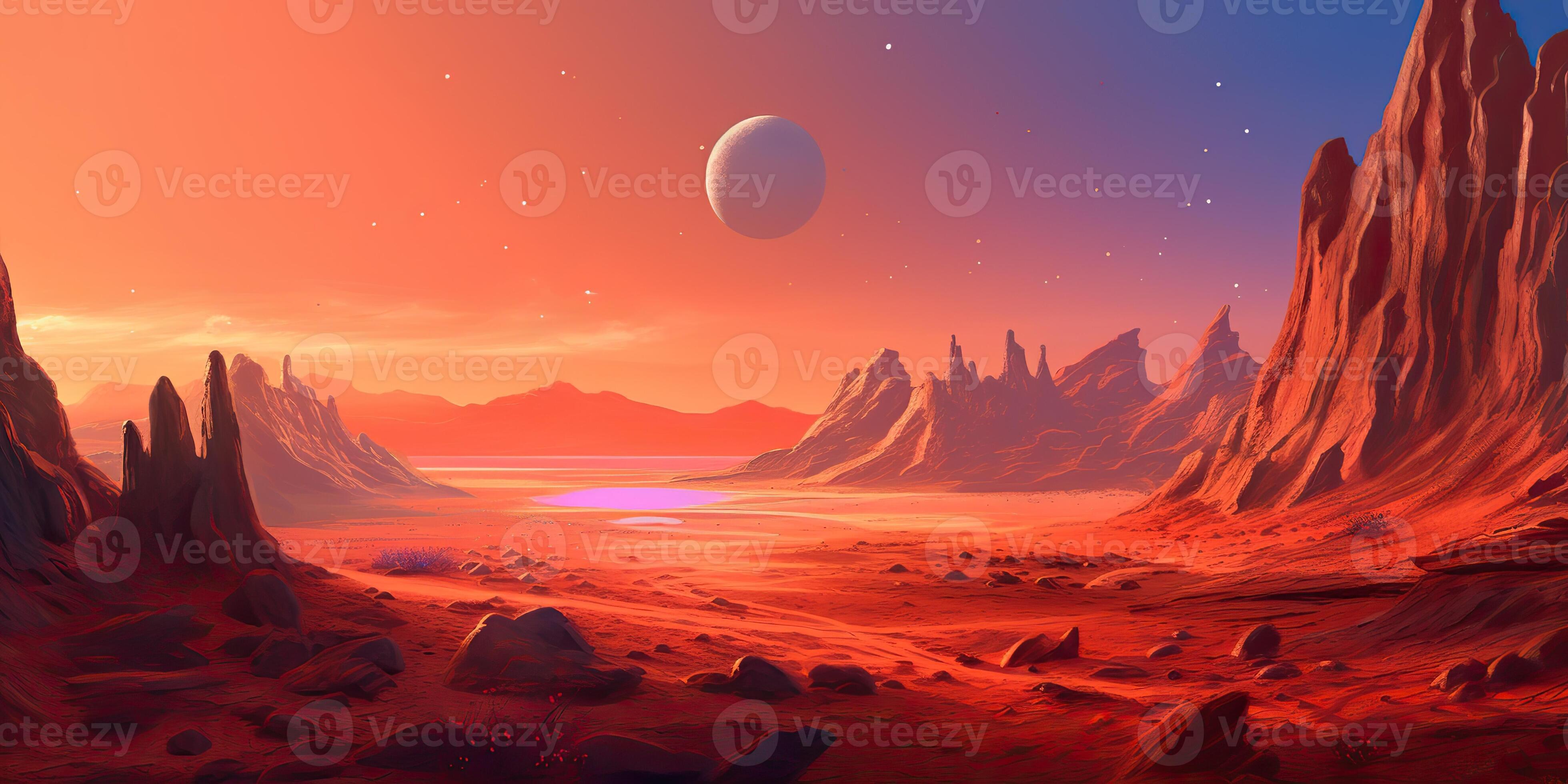 Mars landscape surface galaxy space future view scene. Comics