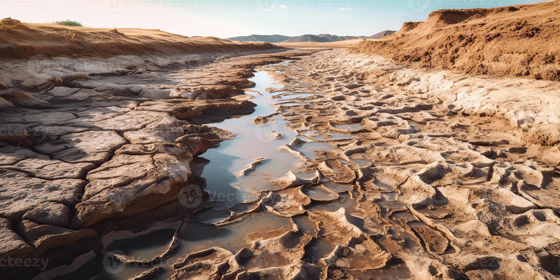 . . Dried lake and river on hot no rain summer season. Adventure wild outdoor nature vibe. Graphic Art photo