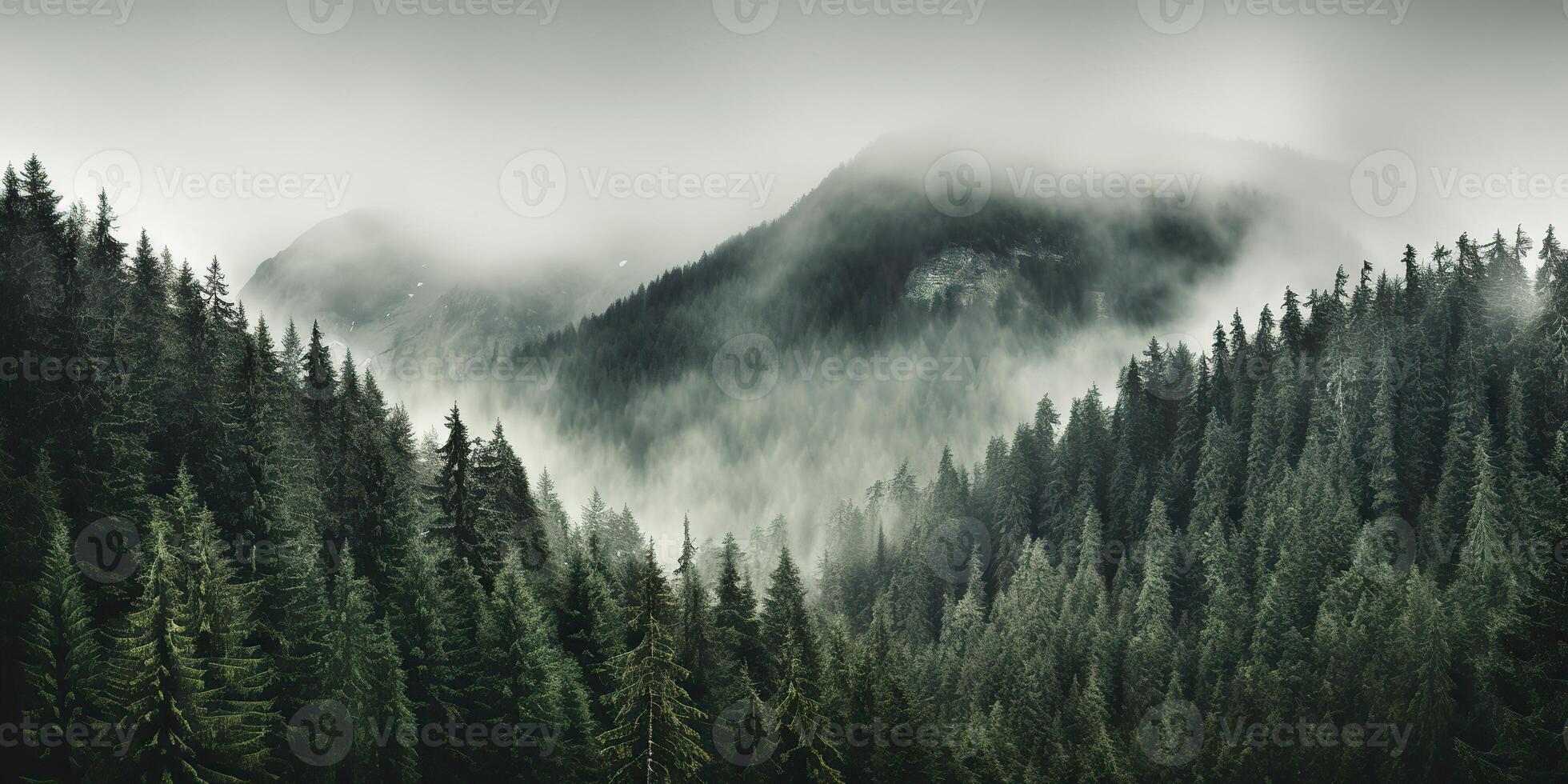 . . Photo realistic illustration of mountains forest fog morning mystic. Graphic Art