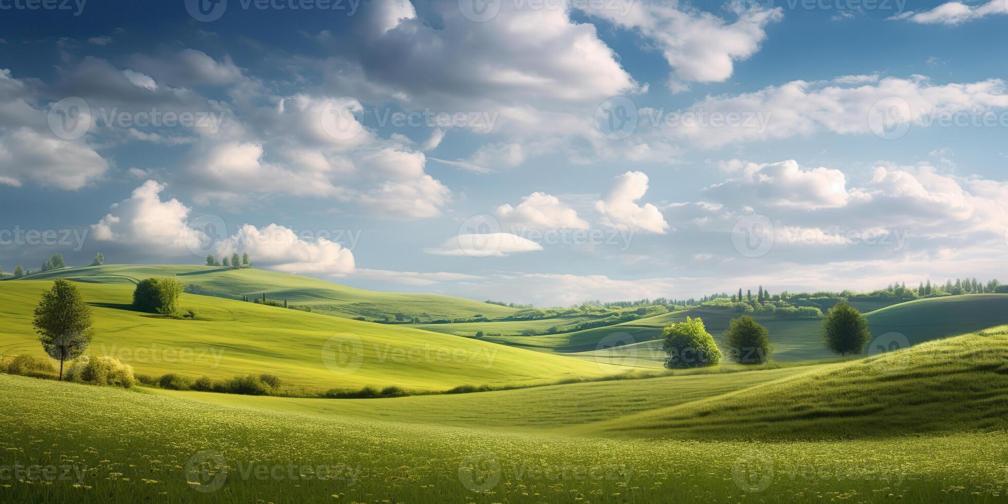 . . Photo realistic Illustration of green field grass hills landscape. Graphic Art