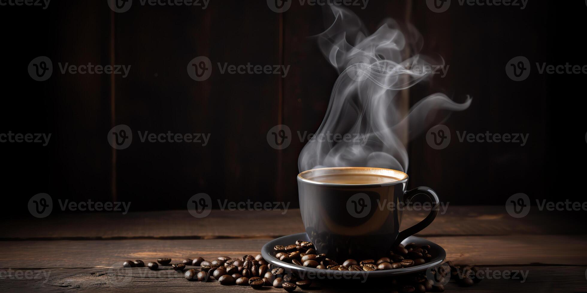 . . Morning breakfast coffee cup mug with plate beans abd aroma smoke. Graphic Art photo