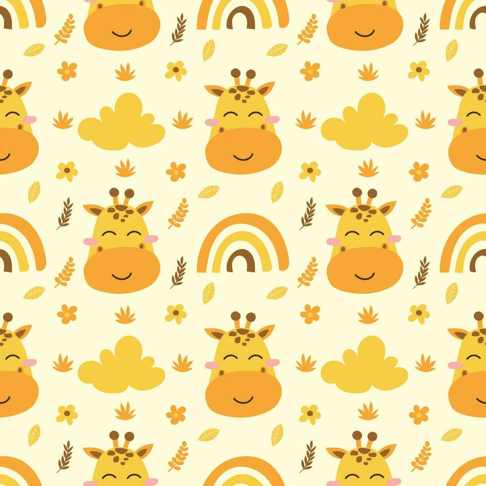 cute seamless pattern design of giraffe head, cloud and rainbow, children cartoon vector illustration