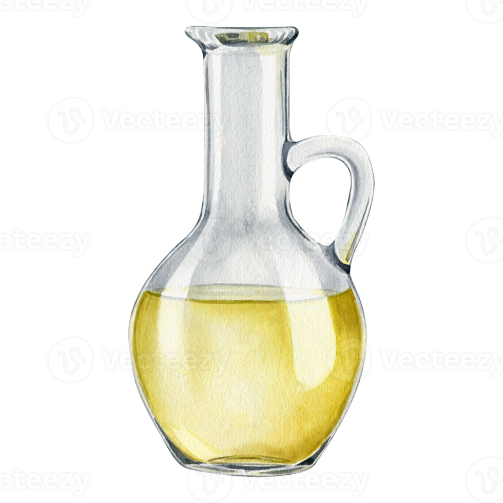 Bottle of olive oil. Fresh organic extra virgin olive oil. Glass jug with oil. Watercolor hand drawn illustration. For menu, packaging design png