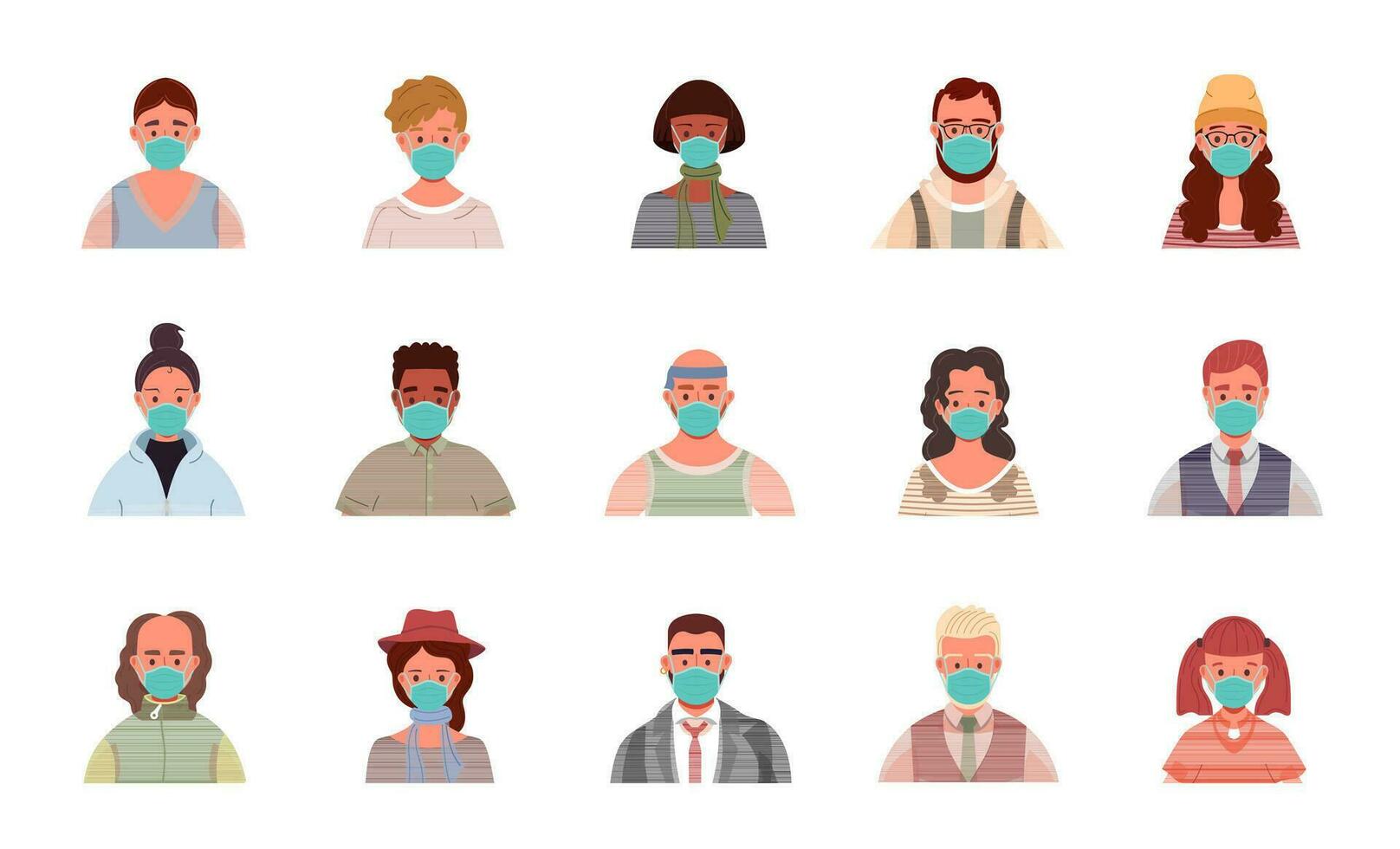 grupo de masculino y hembra avatares en médico máscaras usuario retratos diferente humano cara iconos proteccion desde virus, bacterias, y gripe. plano dibujos animados estilo vector ilustración.