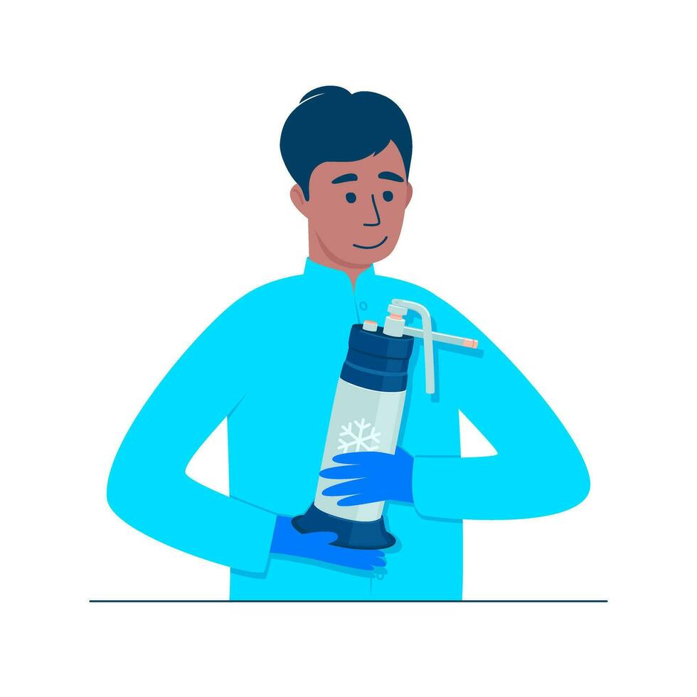 A male doctor holds a cryodestructor with refrigerant in his hands vector