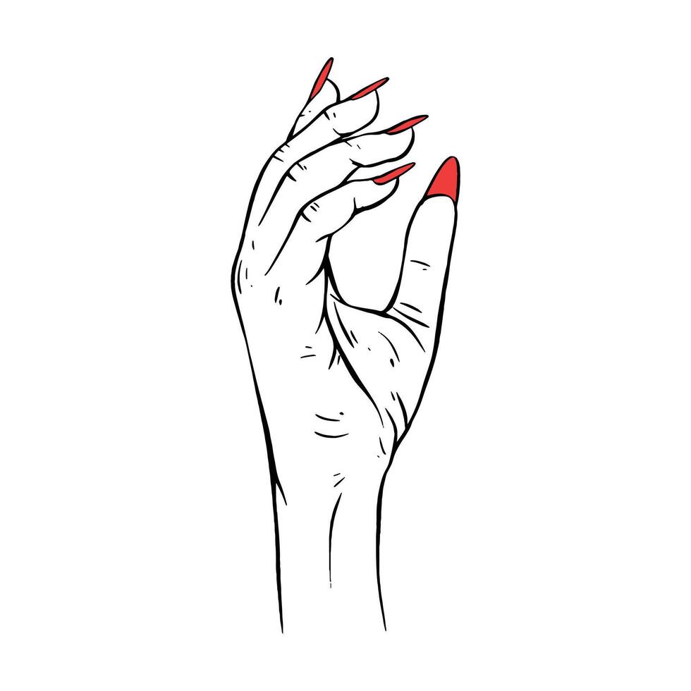 Long red nails hand drawn gesture sketch vector illustration line art