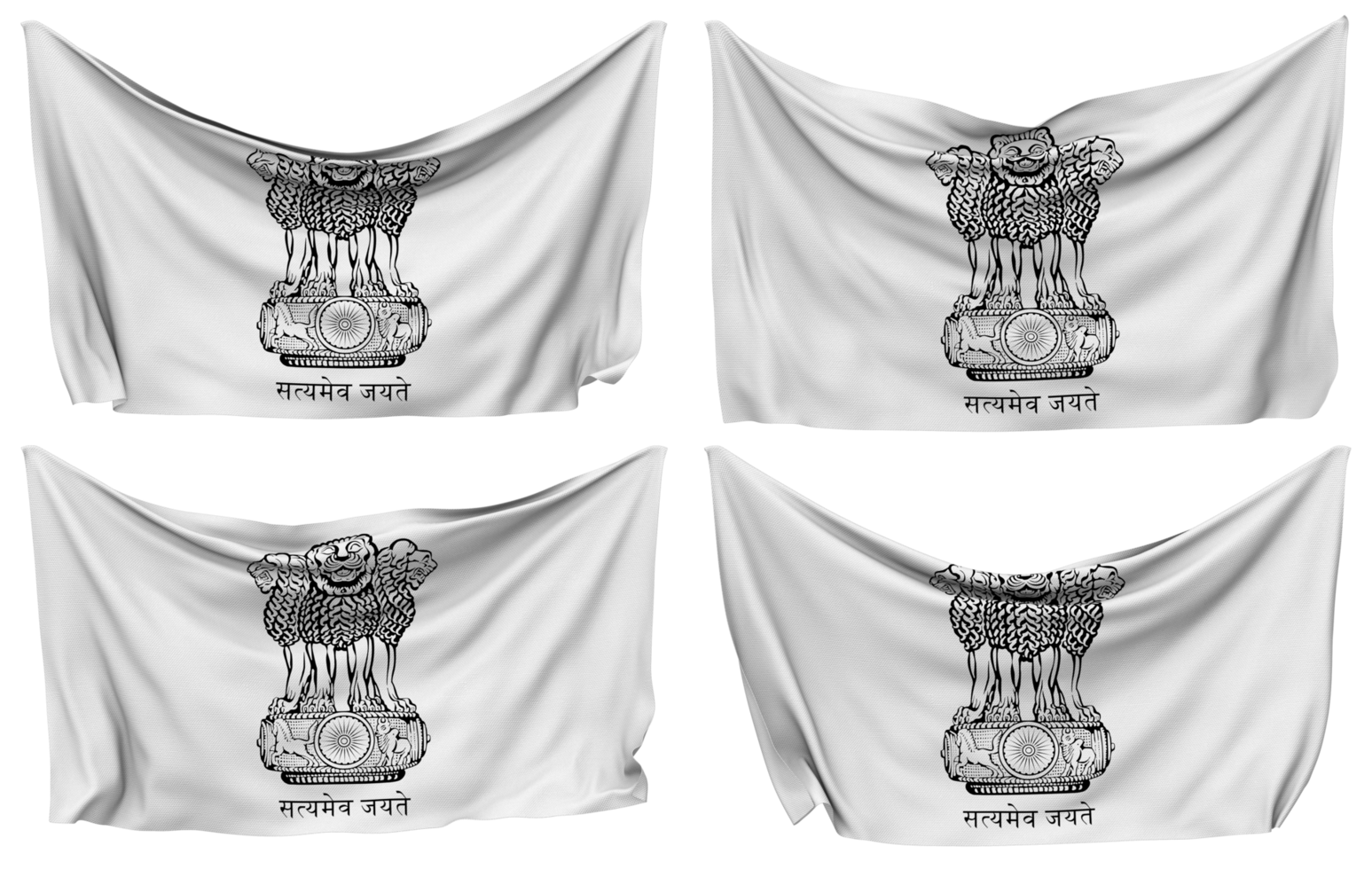 India Emblem Pinned Flag from Corners, Isolated with Different Waving Variations, 3D Rendering png