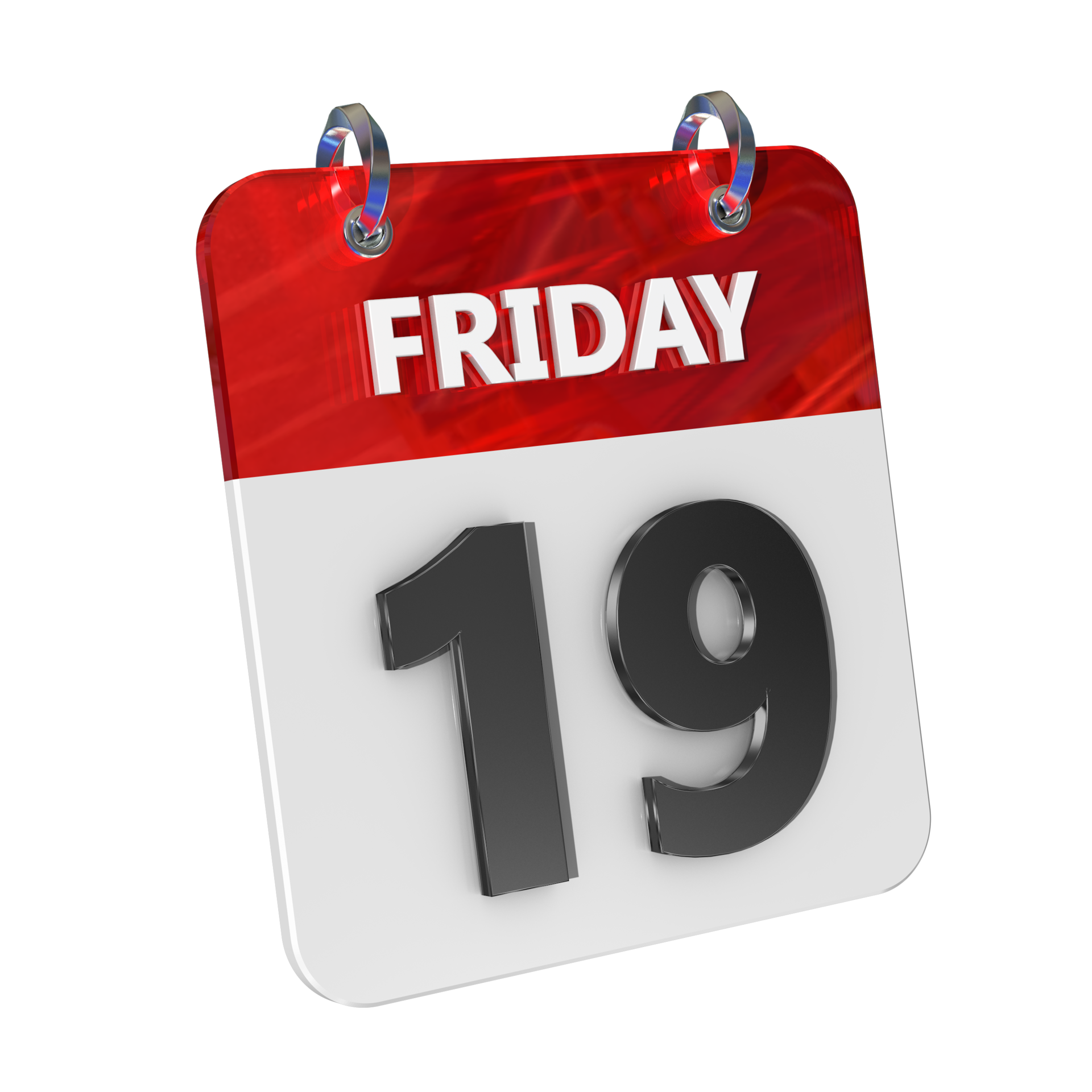 Friday 19 Date 3D Icon Isolated, Shiny and Glossy 3D Rendering, Month