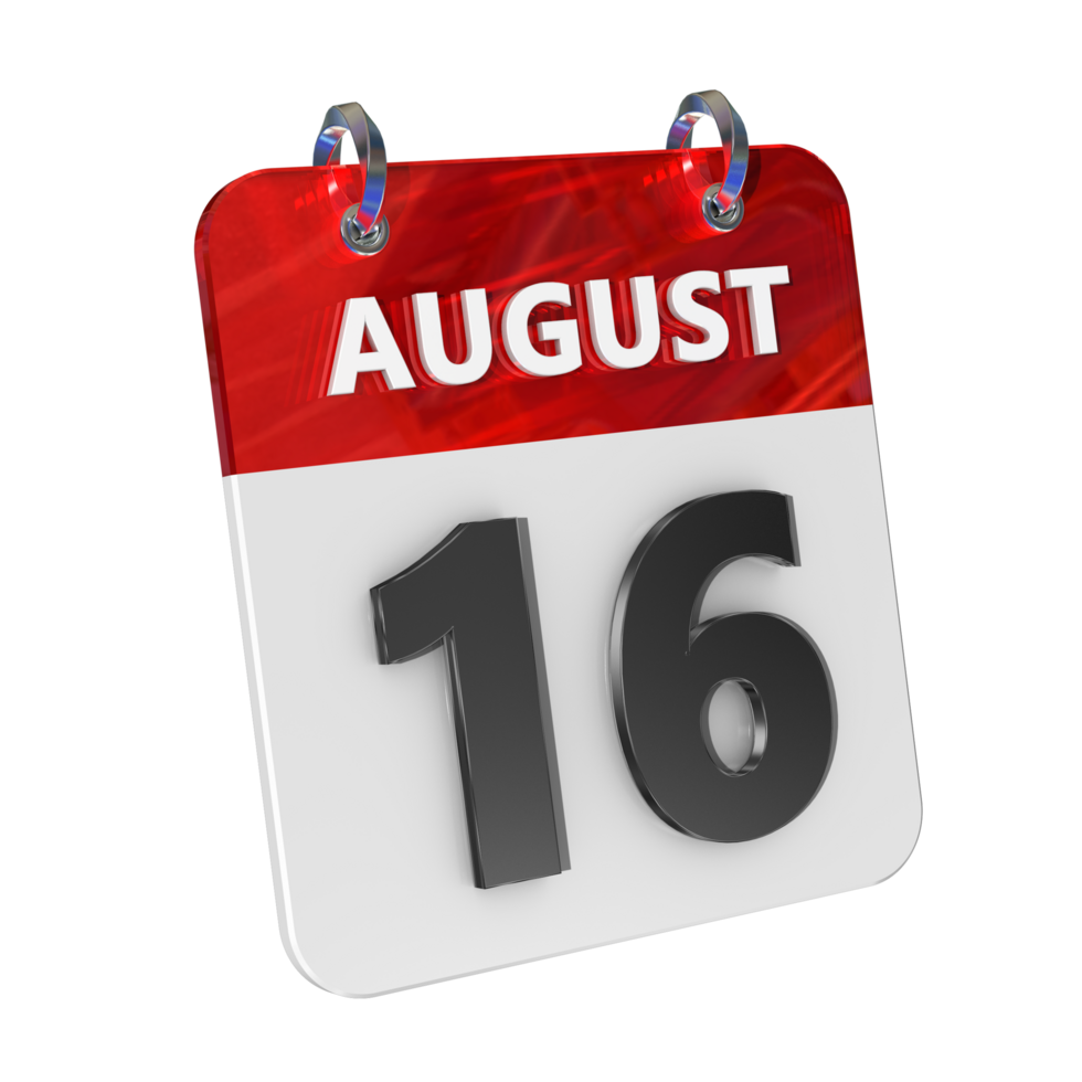 August 16 Datum 3d Symbol isoliert, glänzend und glänzend 3d Wiedergabe, Monat Datum Tag Name, Zeitplan, Geschichte png