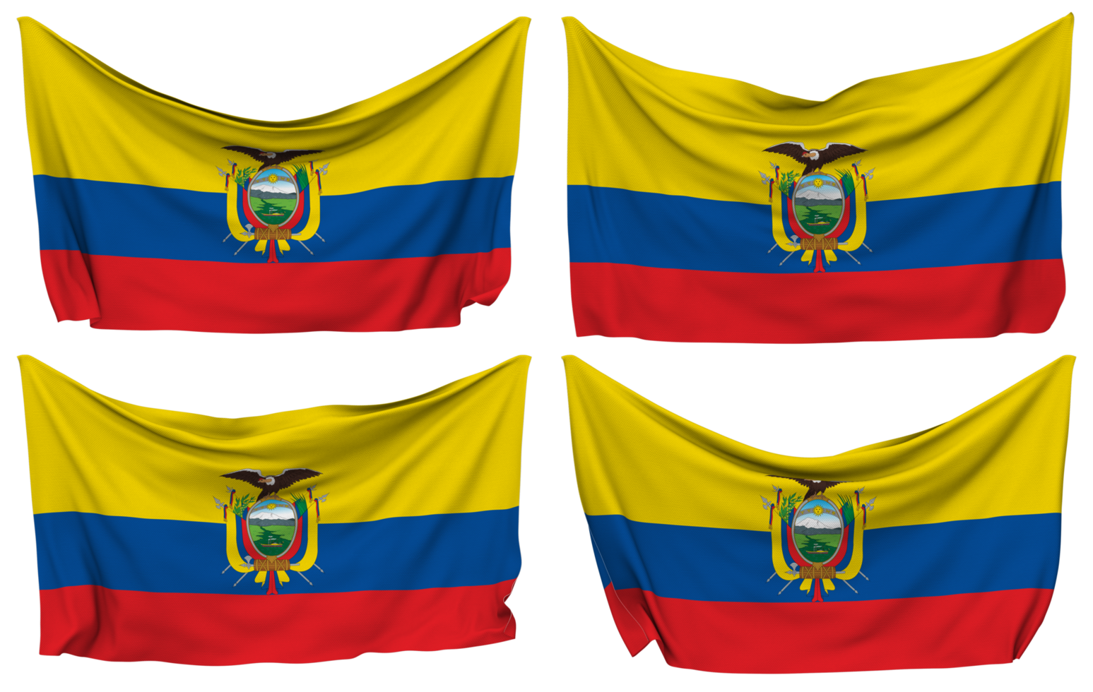 Ecuador Pinned Flag from Corners, Isolated with Different Waving Variations, 3D Rendering png