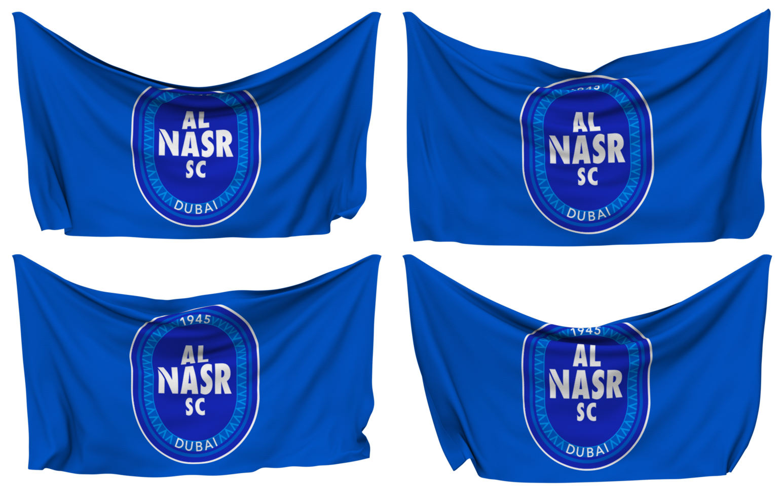 Al Nasr SC Football Club Pinned Flag from Corners, Isolated with Different Waving Variations, 3D Rendering png