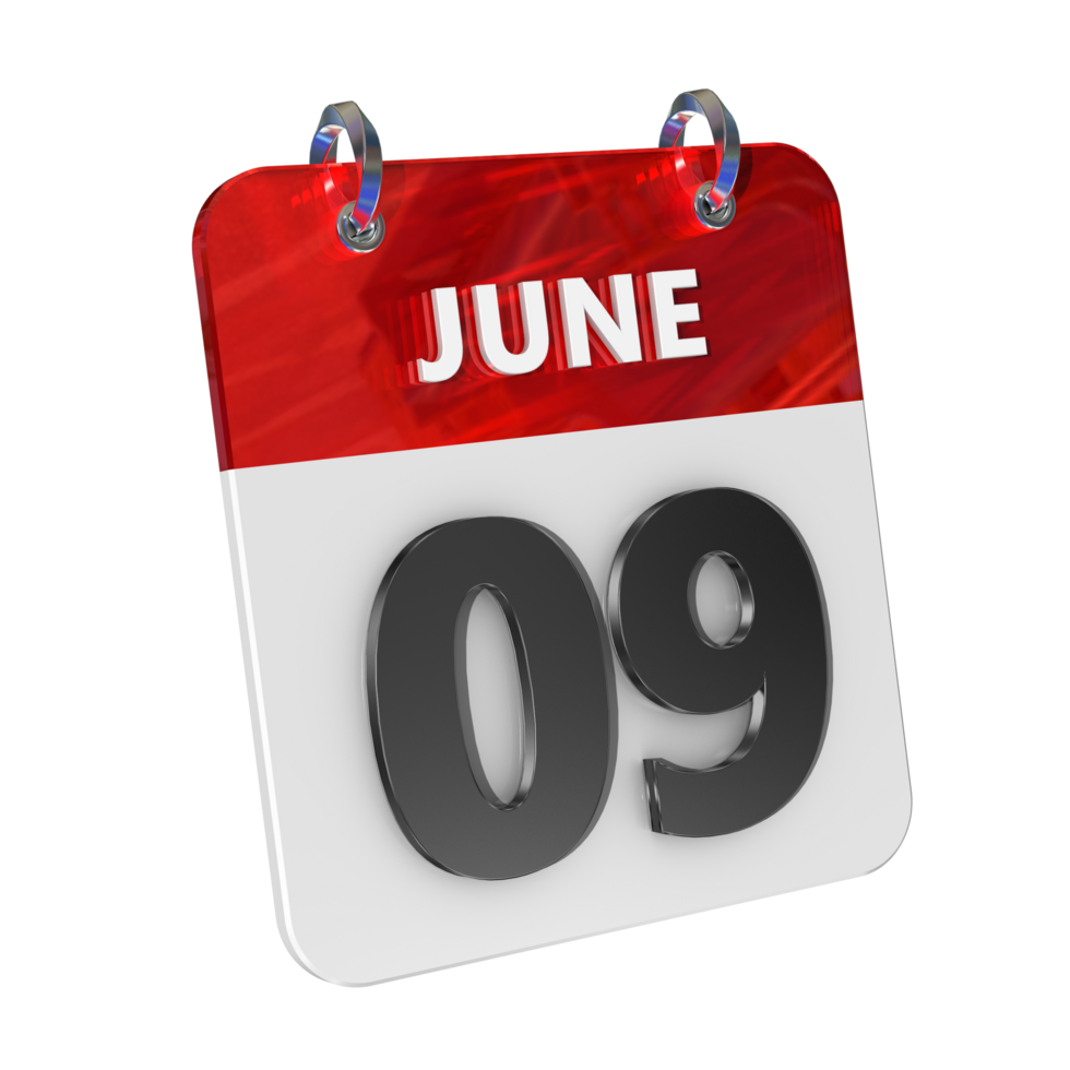 June 9 Date 3D Icon Isolated, Shiny and Glossy 3D Rendering, Month Date Day Name, Schedule, History png