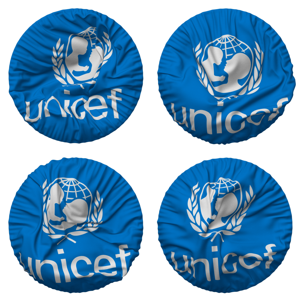 förenad nationer barns fond, unicef flagga i runda form isolerat med fyra annorlunda vinka stil, stöta textur, 3d tolkning png