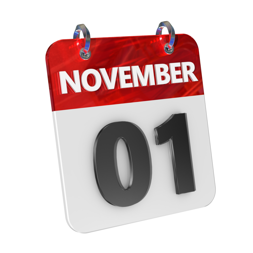 november 1 datum 3d icoon geïsoleerd, glimmend en glanzend 3d weergave, maand datum dag naam, schema, geschiedenis png