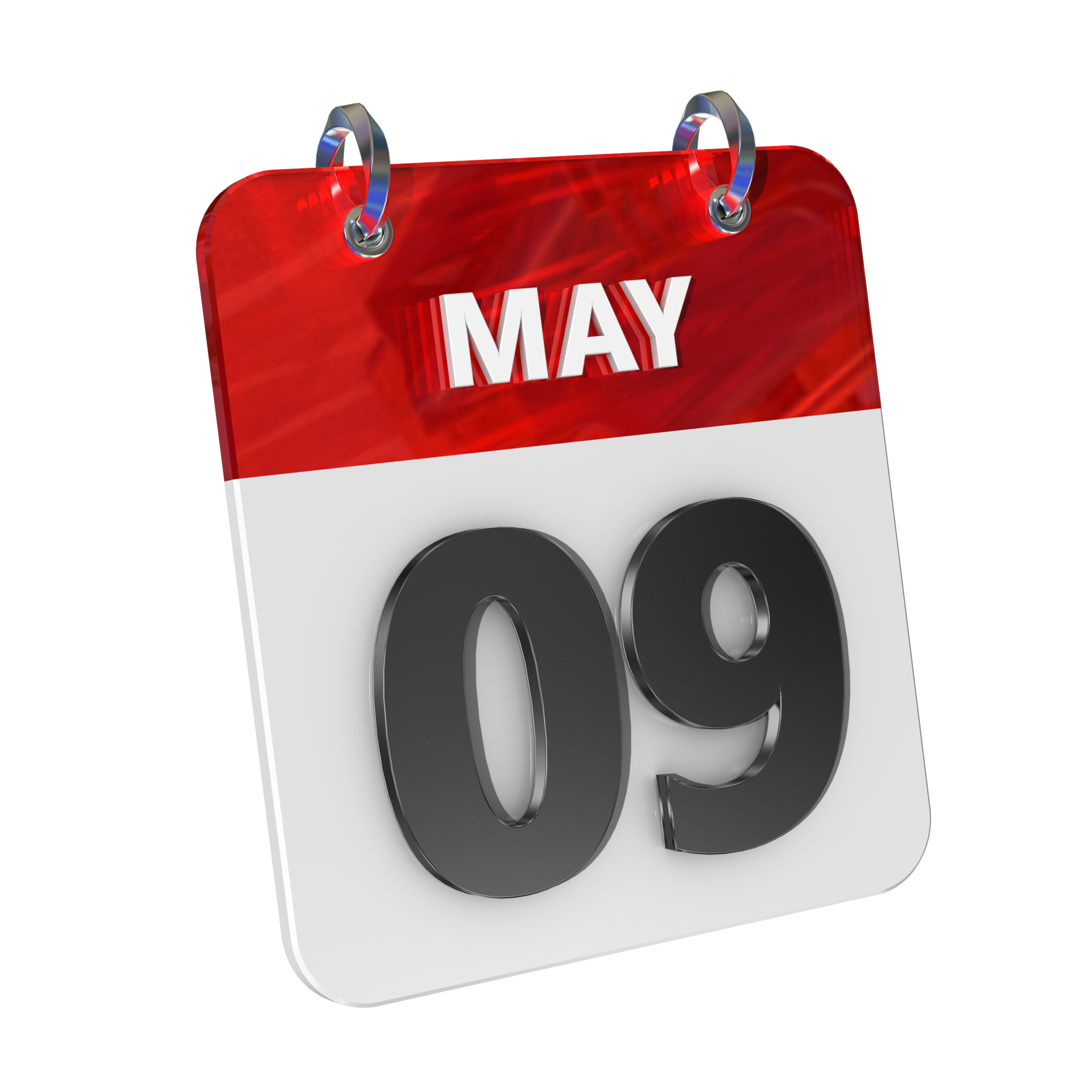 May 9 Date 3D Icon Isolated, Shiny and Glossy 3D Rendering, Month Date