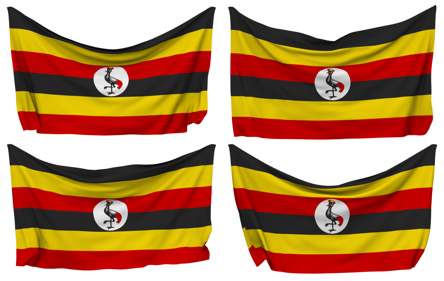 Uganda Pinned Flag from Corners, Isolated with Different Waving Variations, 3D Rendering png