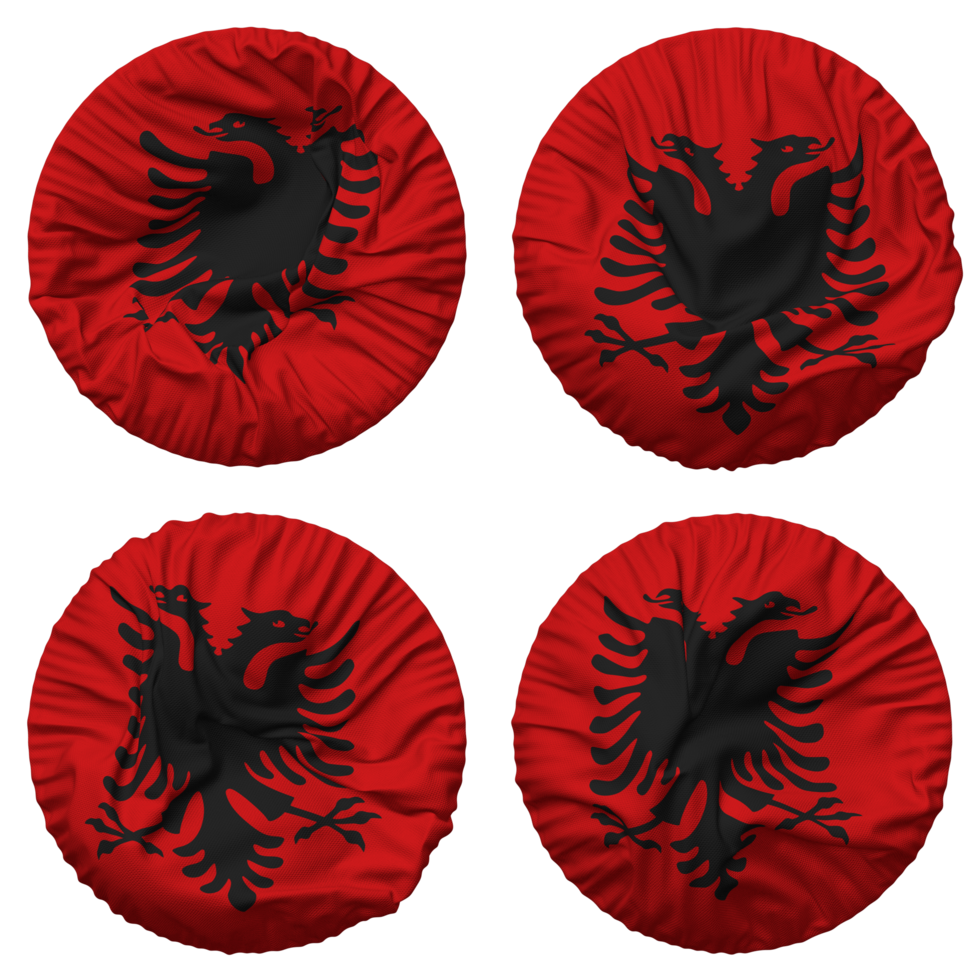 Albanien Flagge im runden gestalten isoliert mit vier anders winken Stil, stoßen Textur, 3d Rendern png