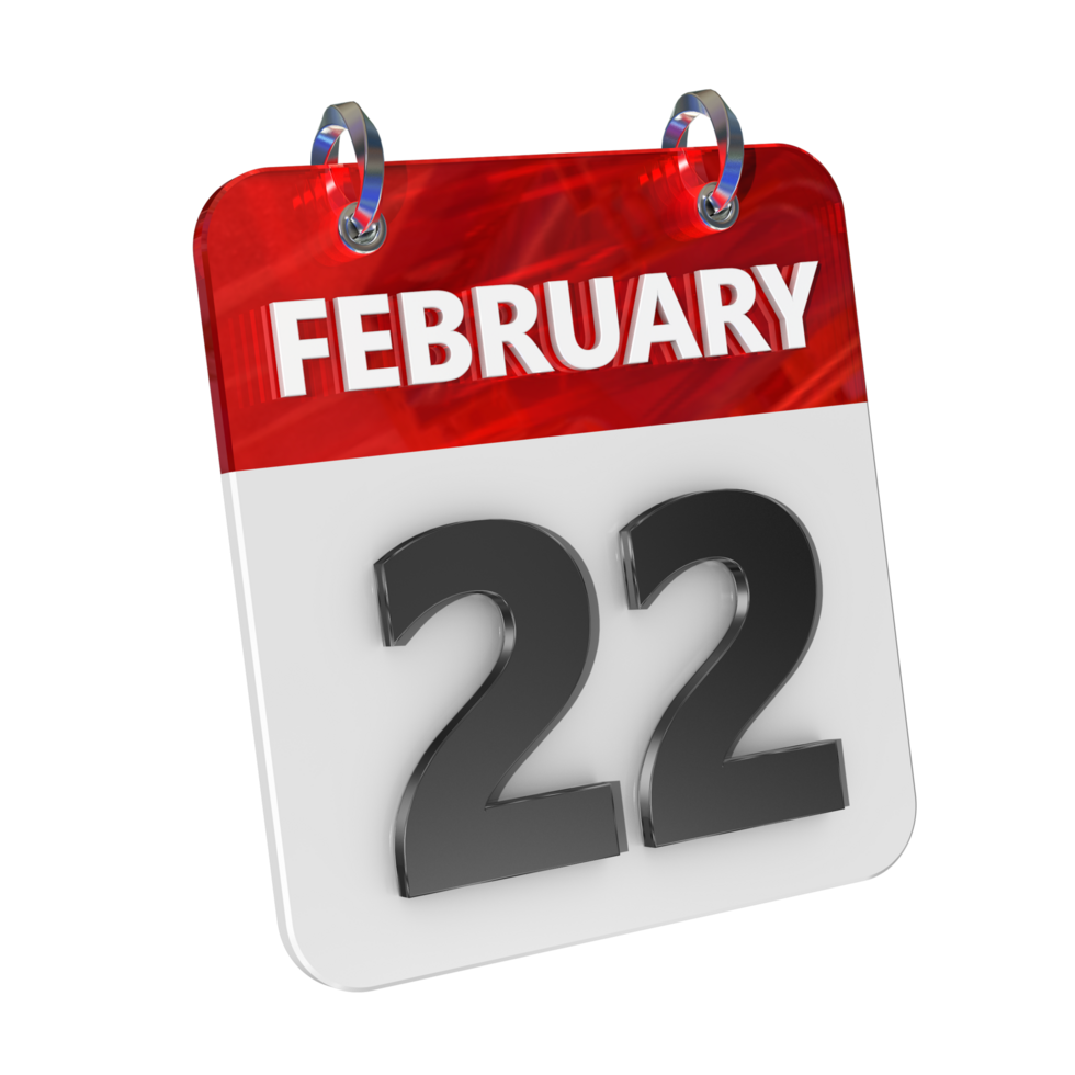 februari 22 datum 3d icoon geïsoleerd, glimmend en glanzend 3d weergave, maand datum dag naam, schema, geschiedenis png