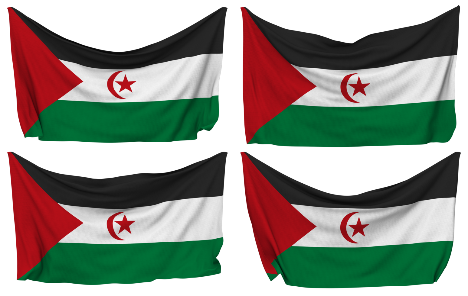 sahrawi Arabisch democratisch republiek vastgemaakt vlag van hoeken, geïsoleerd met verschillend golvend variaties, 3d renderen png