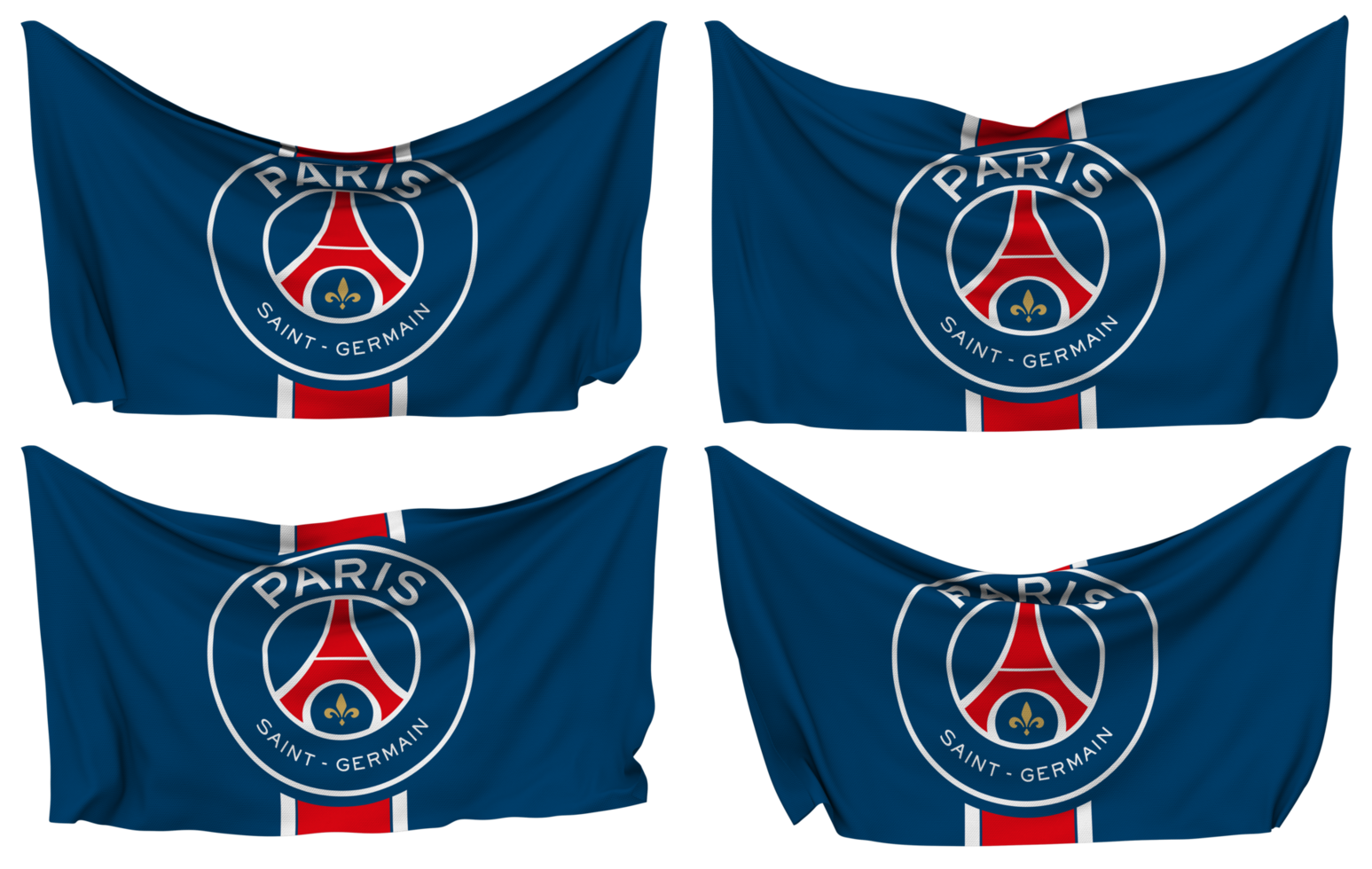 París Santo germain fútbol americano club clavado bandera desde esquinas, aislado con diferente ondulación variaciones, 3d representación png