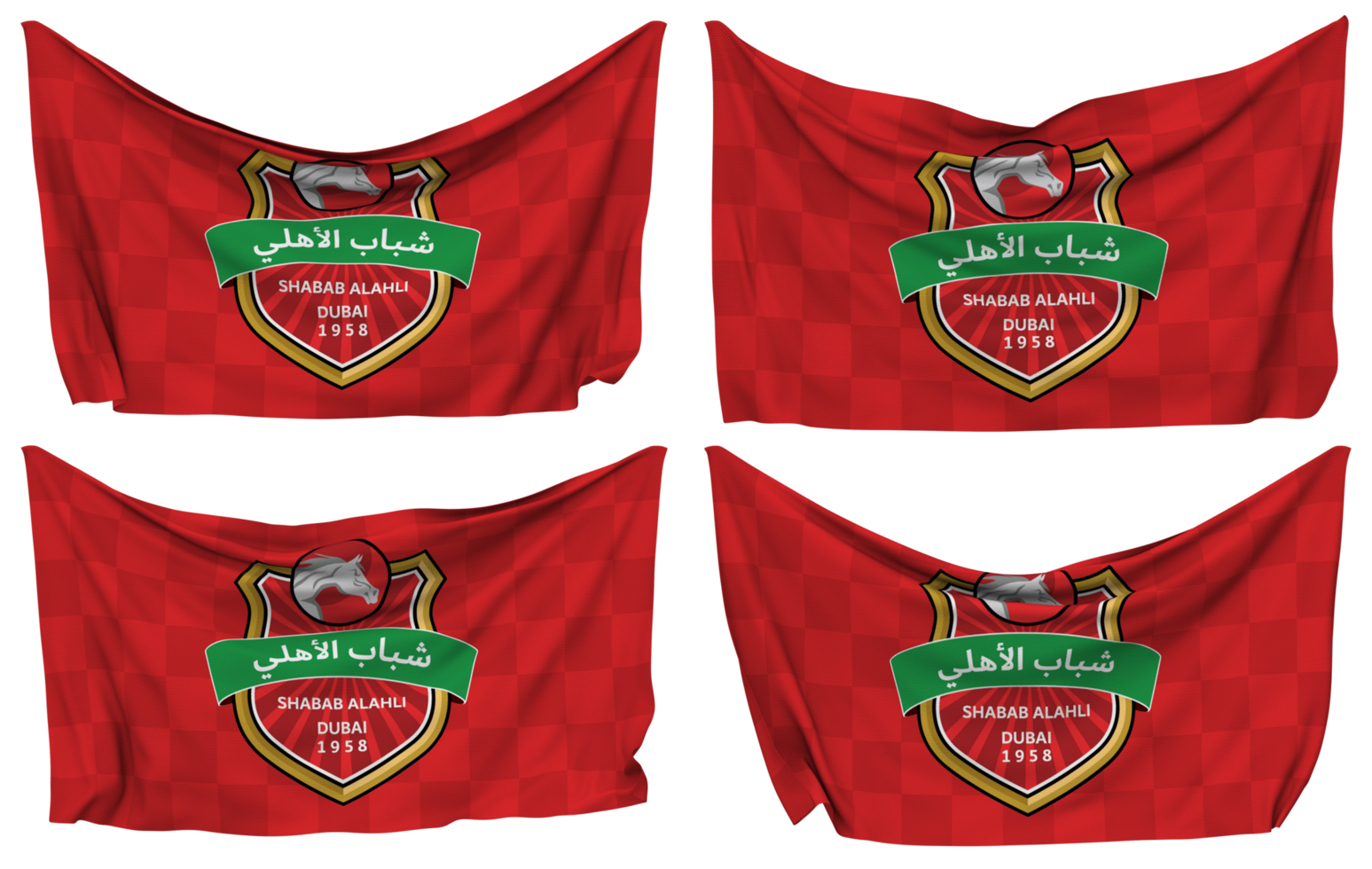 Shabab Al Ahli Football Club Pinned Flag from Corners, Isolated with Different Waving Variations, 3D Rendering png