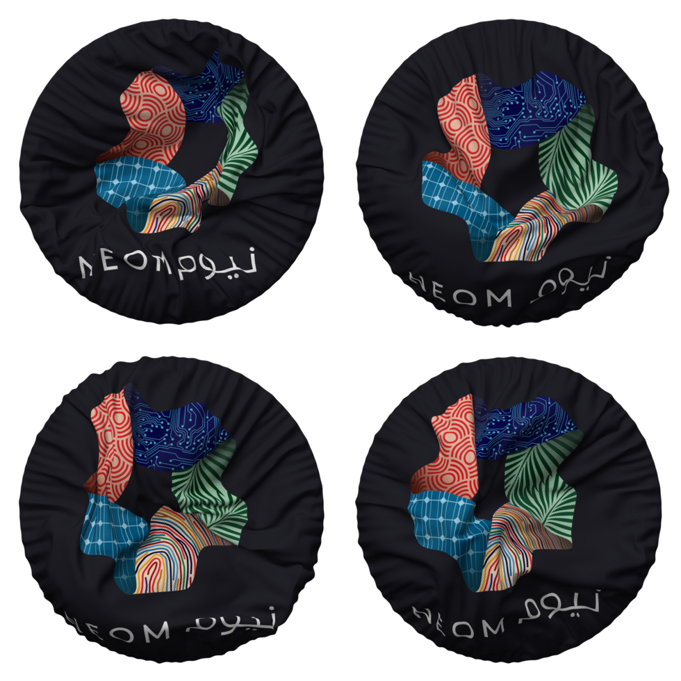 NEOM Flag in Round Shape Isolated with Four Different Waving Style, Bump Texture, 3D Rendering png