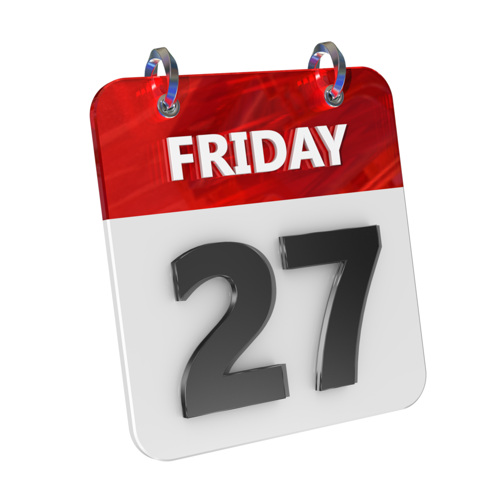 Friday 27 Date 3D Icon Isolated, Shiny and Glossy 3D Rendering, Month Date Day Name, Schedule, History png