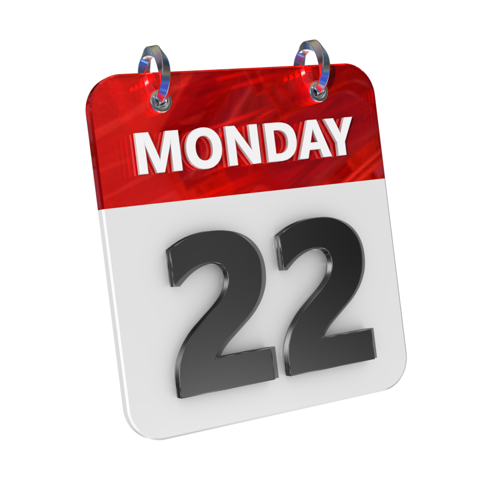 Monday 22 Date 3D Icon Isolated, Shiny and Glossy 3D Rendering, Month Date Day Name, Schedule, History png