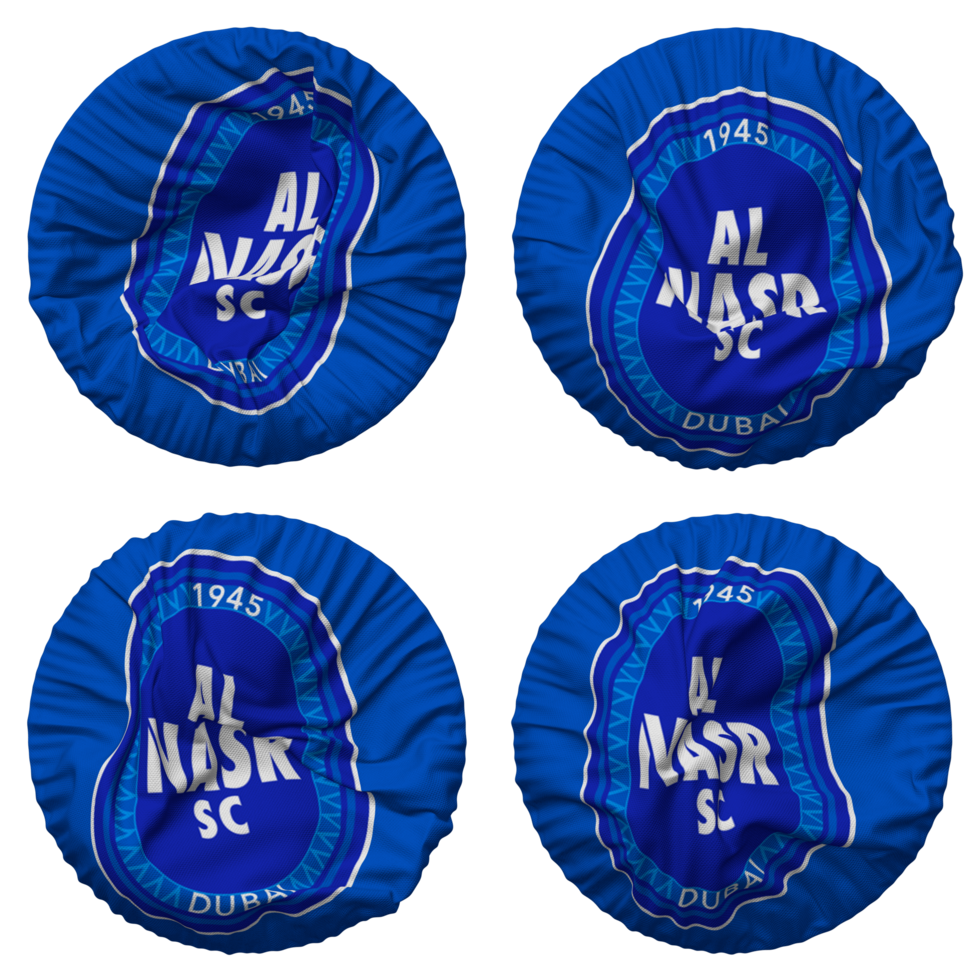 Al Nasr SC Football Club Flag in Round Shape Isolated with Four Different Waving Style, Bump Texture, 3D Rendering png