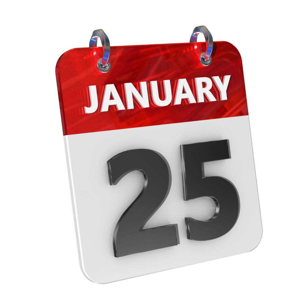 January 25 Date 3D Icon Isolated, Shiny and Glossy 3D Rendering, Month Date Day Name, Schedule