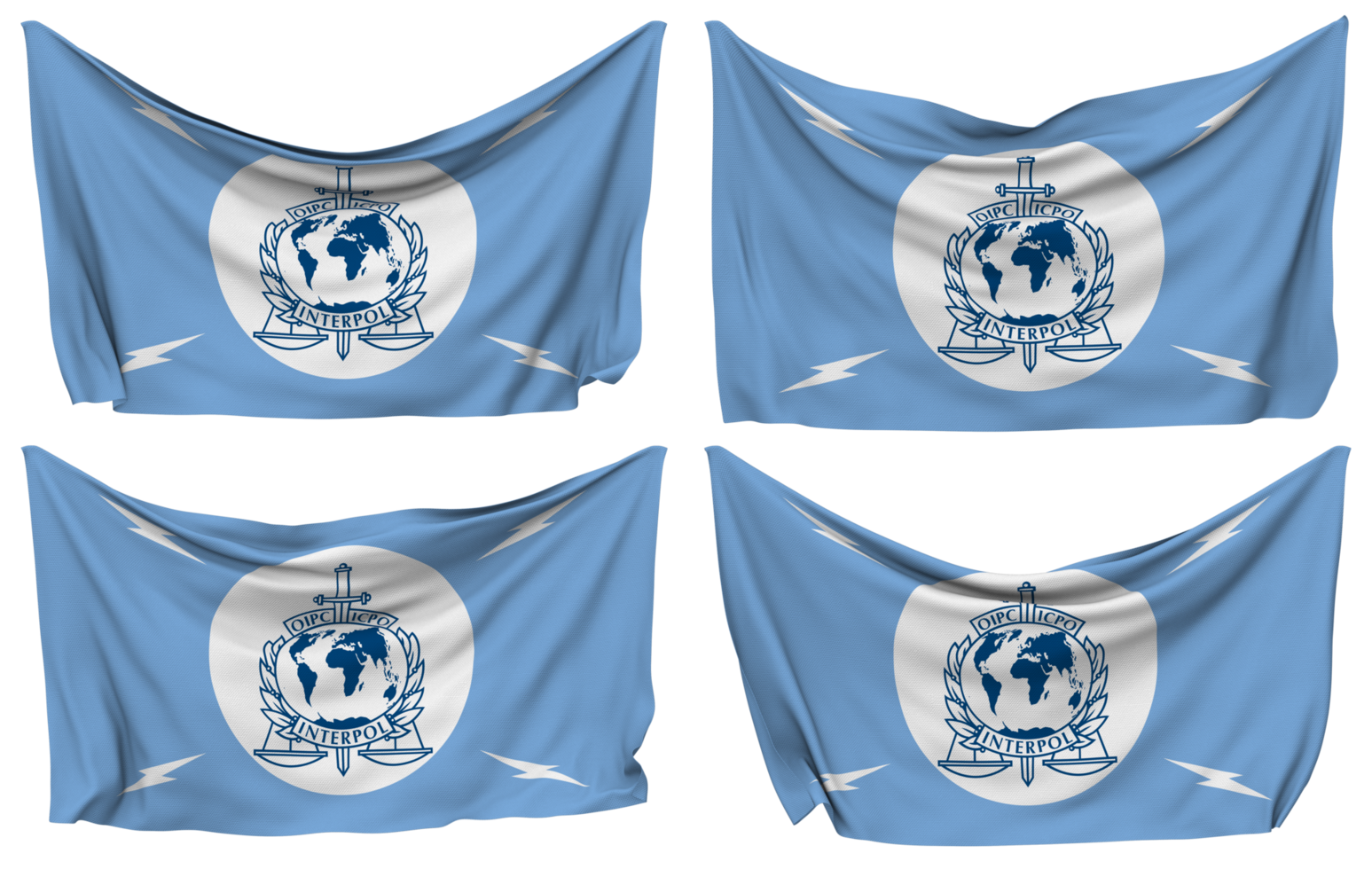 International Criminal Police Organization, ICPO, INTERPOL Pinned Flag from Corners, Isolated with Different Waving Variations, 3D Rendering png