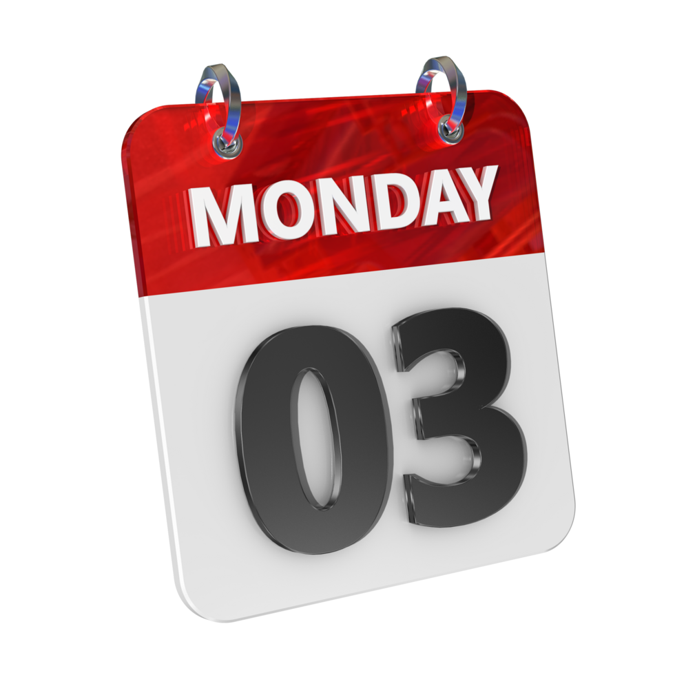 Monday 3 Date 3D Icon Isolated, Shiny and Glossy 3D Rendering, Month Date Day Name, Schedule, History png