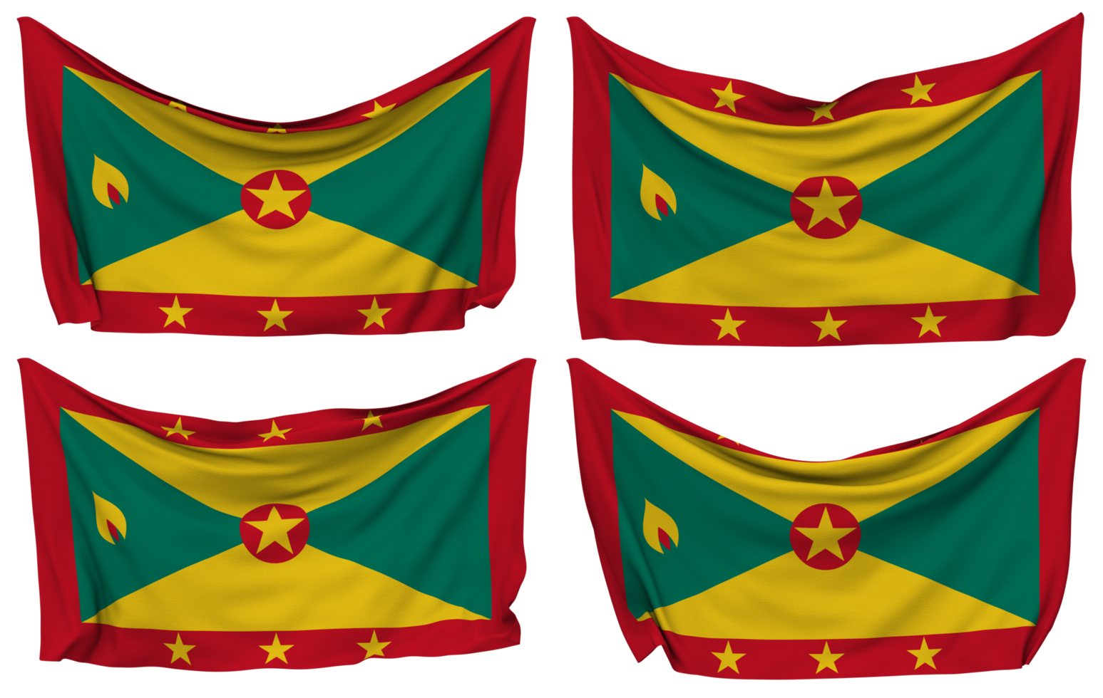 Grenada Pinned Flag from Corners, Isolated with Different Waving Variations, 3D Rendering png
