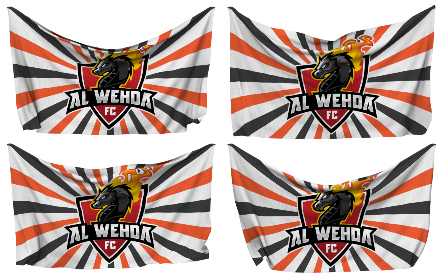 Al Wehda Football Club Pinned Flag from Corners, Isolated with Different Waving Variations, 3D Rendering png