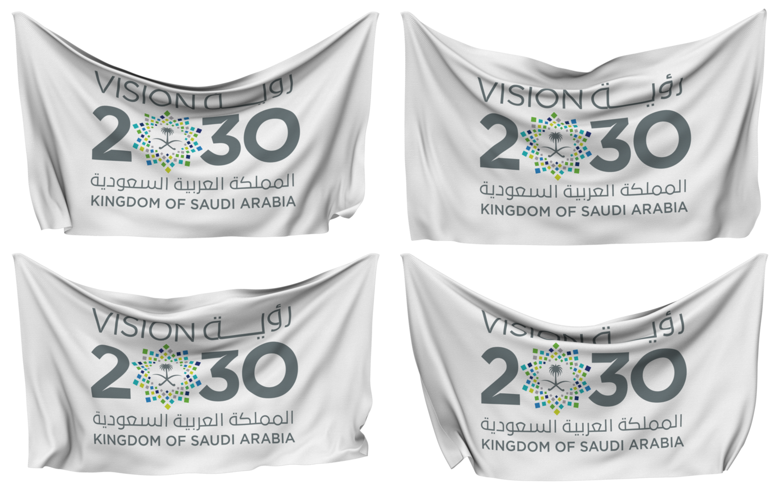 Saudi Vision 2030 Pinned Flag from Corners, Isolated with Different Waving Variations, 3D Rendering png