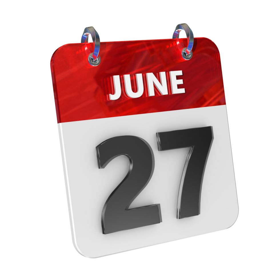 juin 27 Date 3d icône isolé, brillant et brillant 3d le rendu, mois Date journée nom, calendrier, histoire png